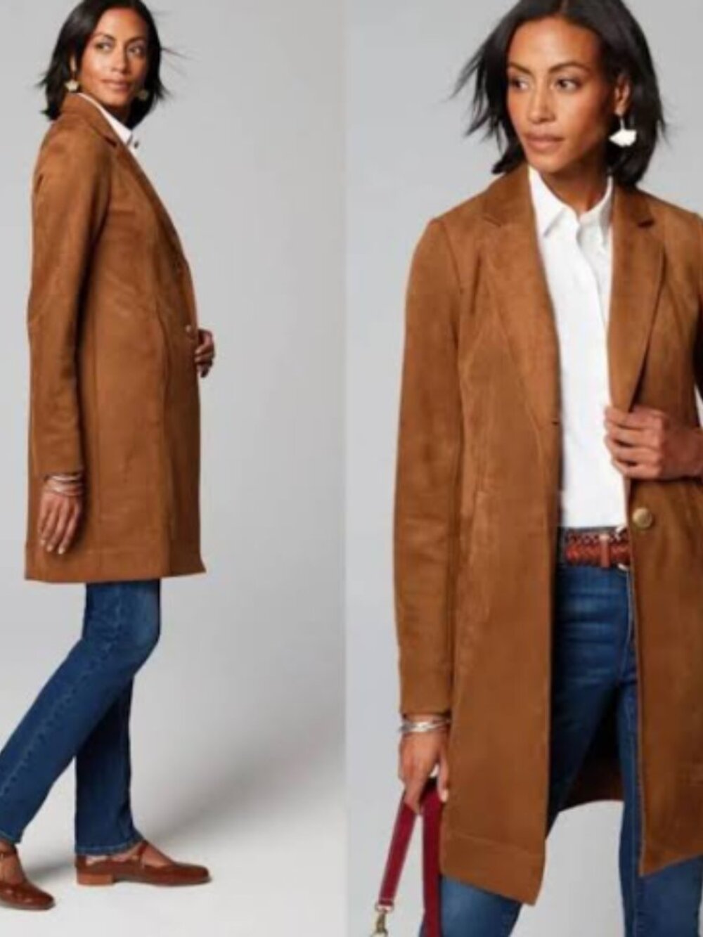 J. Jill Wearever Women’s Faux Suede in Hickory Bark Brown Duster Long Coat XL - Picture 1 of 9